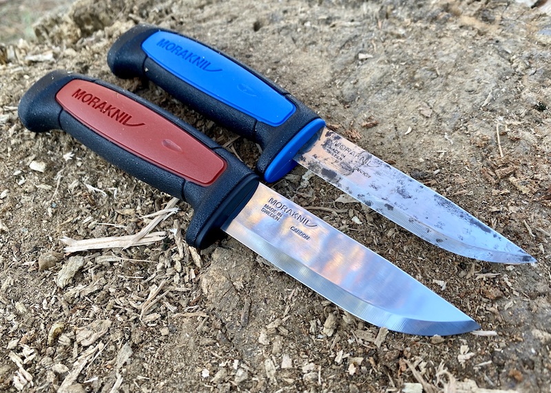 The Morakniv Pro (red handle) is a step up from the Basic. The handle has rubber inserts, and the blade is a touch wider.