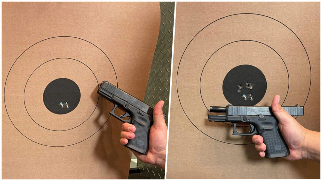 The Glock 19 Gen 5 is great for slow paced shooting, on the left, and controlled pair shooting, on the right. 