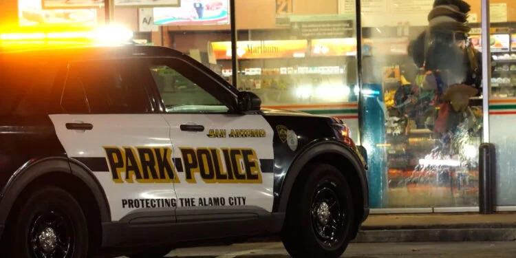 Police at the 7-Eleven assessing the scene of the fight.