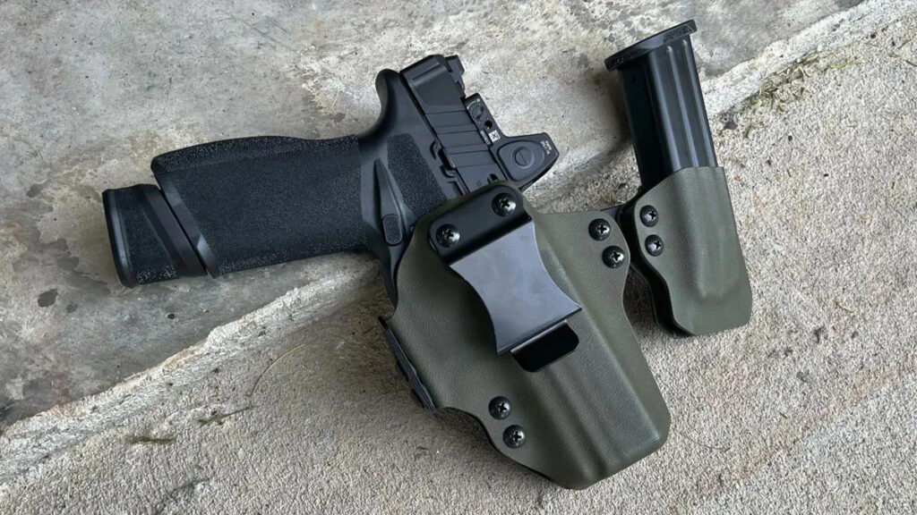 The firearm and its mags fit nicely in many holsters. 