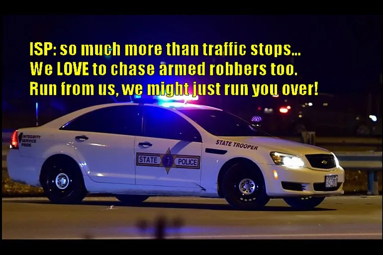 Police Car with Lights on parked with a caption written above it