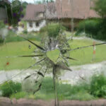 Photo of a bullet hole in a pane of glass facing a residental street