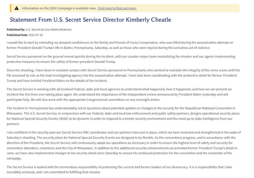 Statement by USSS Director Kimberly Cheatle