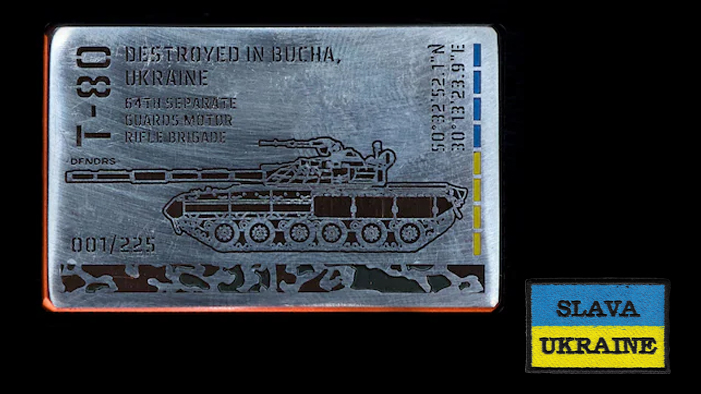 Metal challenge coin made of destroyed Russian equipment in Ukraine. "Battlefield Art"