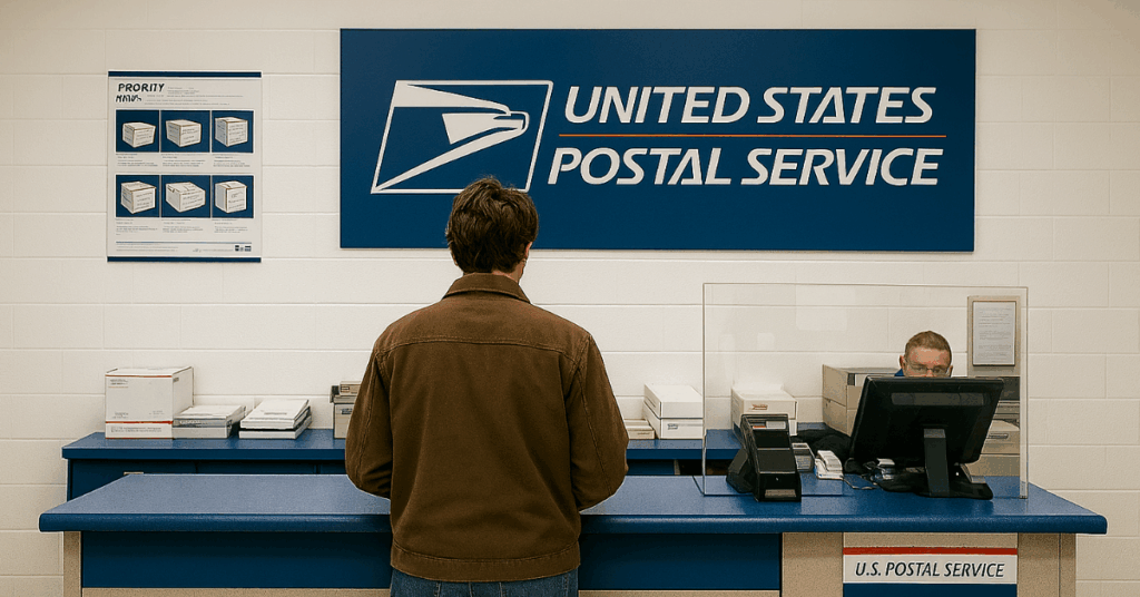 a man standing at a post office