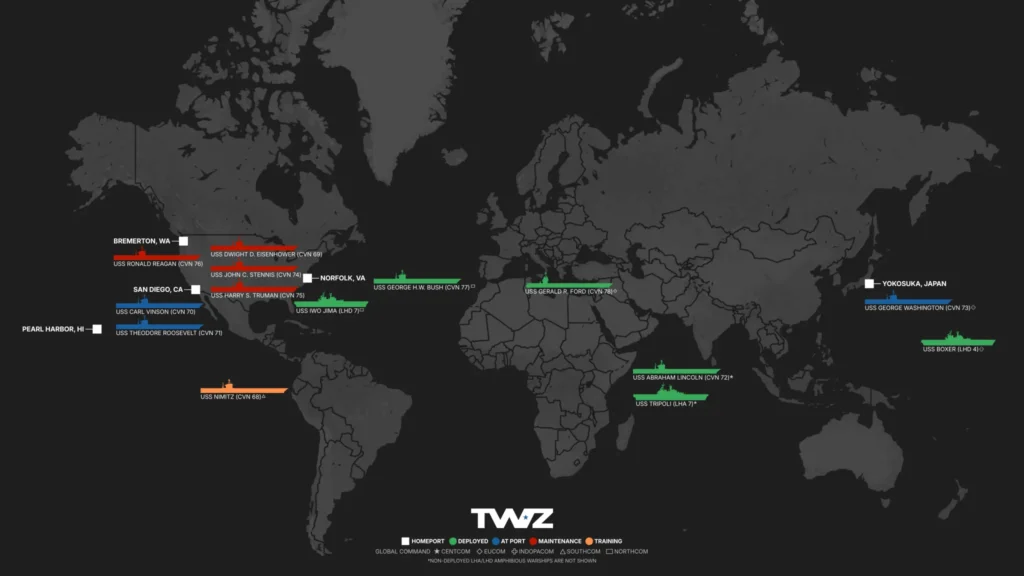 Map of carrier strike group locations in mid-may, including those assigned to the Strait of Hormuz blockade.